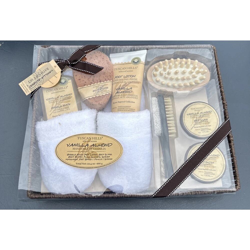 Tuscan Hills Vanilla Almond Bath Basket Gift Set slippers foot scrub body spong